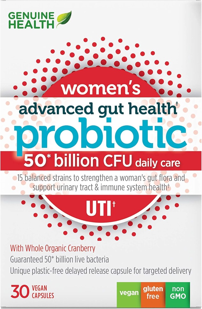 Genuine Health Women's Daily Probiotic for UTI Support, Helps Promote A Healthy Urinary Tract, Multi-Strain, פורמולה אורגנית עם Cranberry, 30 קפסולות