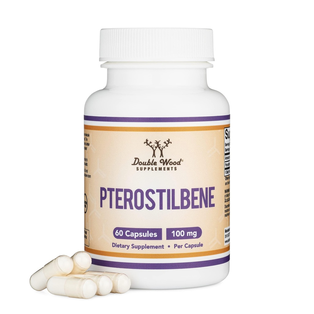 תוספי Pterostilbene 100 מ"ג קפסולות (המפלגה השלישית נבדקה) 60 קפסולות, עליונות ל Resveratrol, Antioxidant for Longevity Support (Non-GMO, Gluten Free) על ידי Double Wood