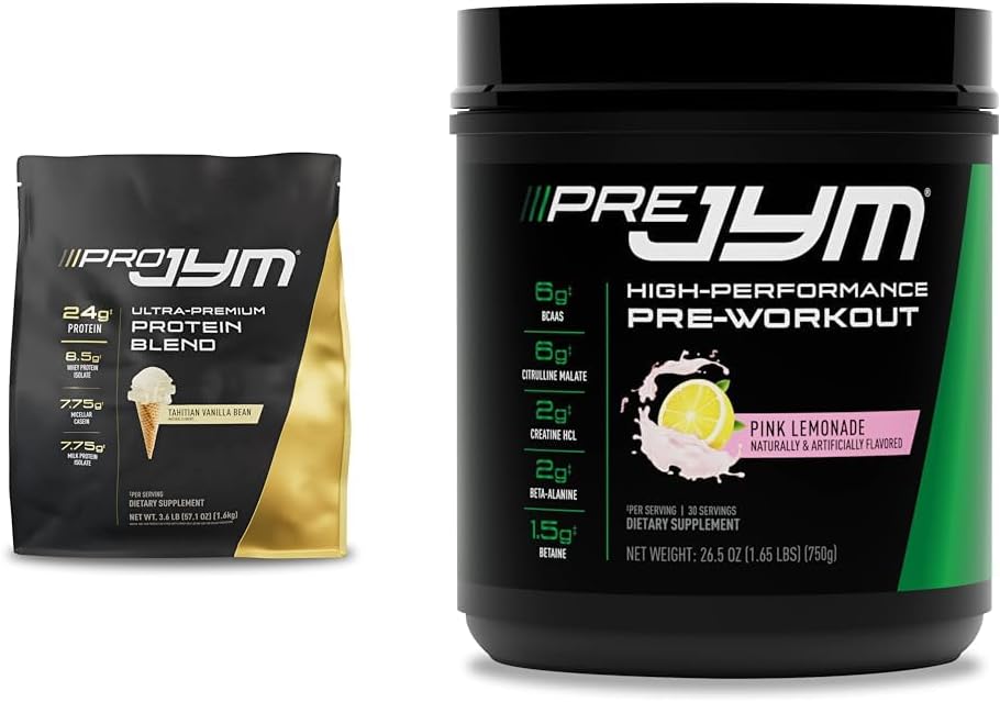 PRO JYM 45 משרת את Tahitian Vanilla + PRE JYM 30 משרתות פינק Lemonade Pre-Workout אבקת Bundle
