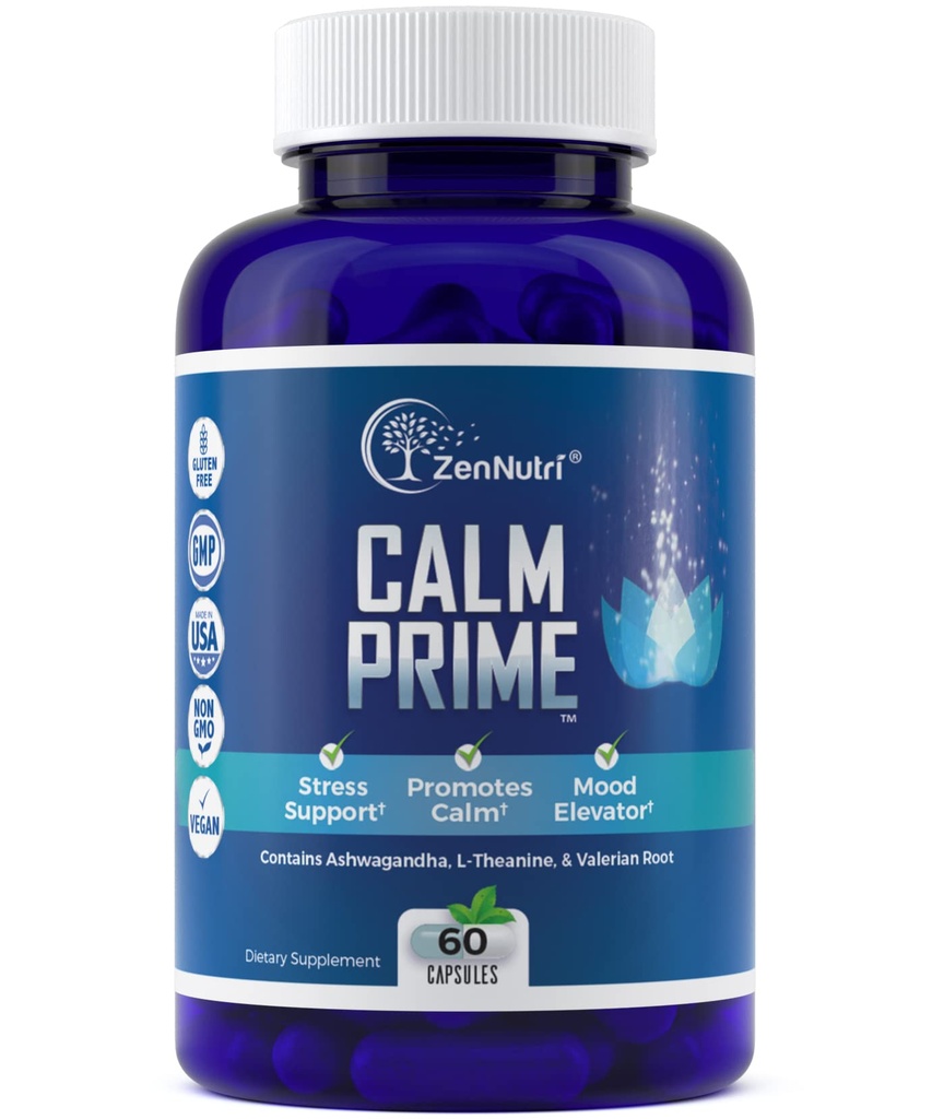 Calm Prime Stress Relief תוסף non-Drowsy | Mood Support Supplement | Mood Boost | טבעוני יום מתח תוספת תוספי Calm Aid | ויטמין מתח - אשוגנדה, ולריאן Root - 60 Count Count