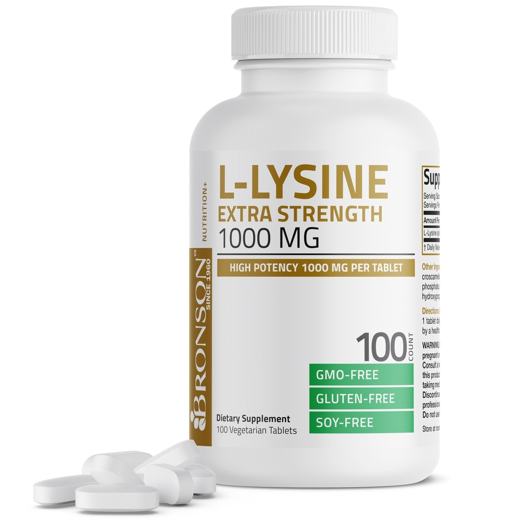 Bronson L-Lysine תוספת כוח 1000 MG ל- Tablet High Potency, Immune Support & Supports Collagen Synthesis, Non-GMO, 100 טבליות צמחוניות