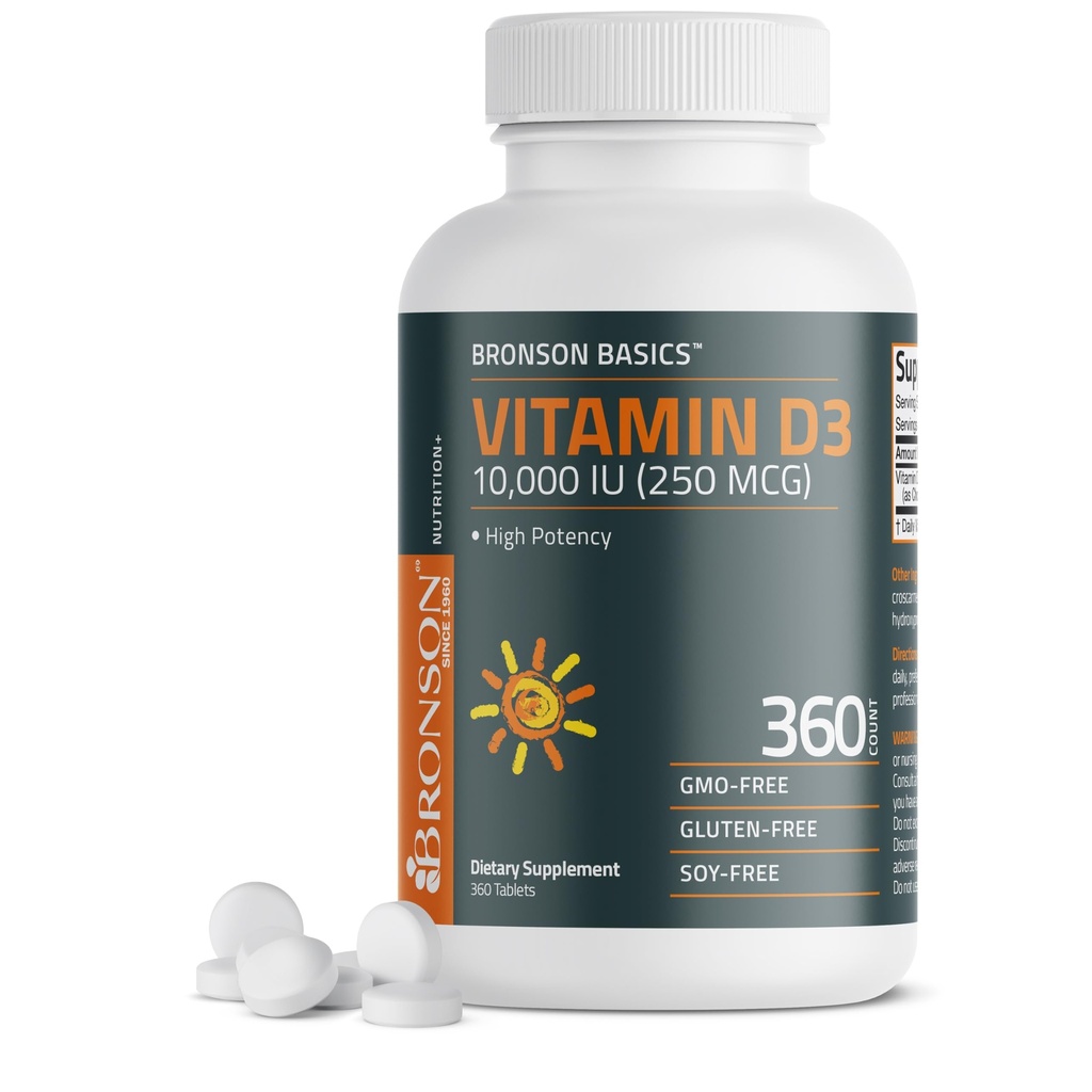 Bronson ויטמין D3 10,000o (250mcg) 1 שנים אספקה עבור תפקוד שרירים בריא ותמיכה במזל, non-GMO, 360 טבליות