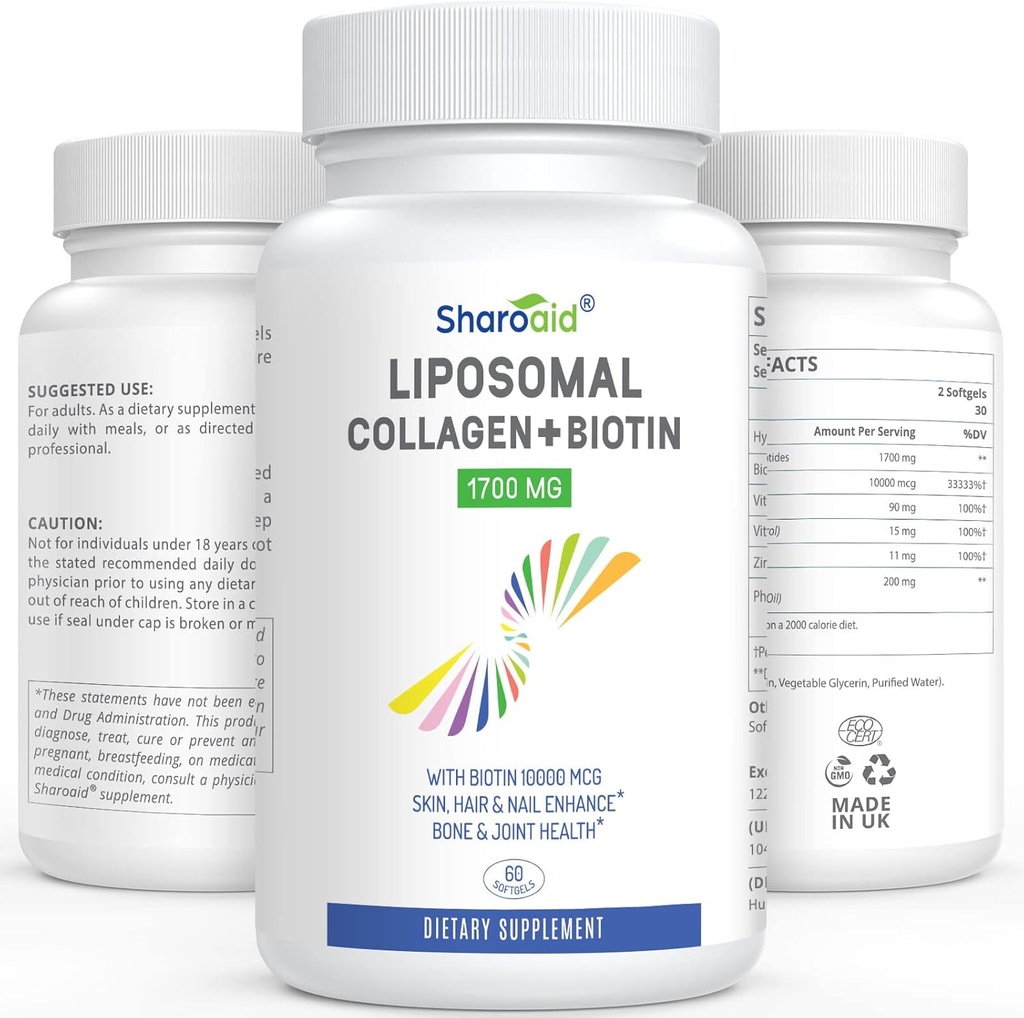 Liposomal hydrolyzed Collagen Peptides 1700 מ"ג ו Biotin 10000mcg תוספי עבור נשים, גברים, גבוה Absorption,Vitamin E,C ו- Zinc קפסולות עבור העור, Hair growth, Joint וציפורים, 60gels, Softgels.