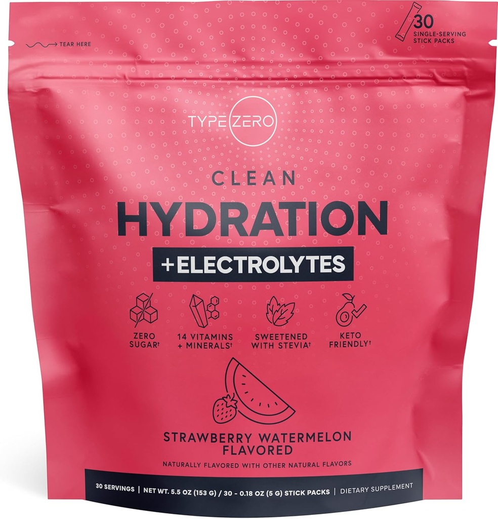 סוג אפס נקה hydrtion + Electrolytes לשתות Mix (30 מנות יחיד) - הידרציה מתקדמת עבור כל Occasion (Strawberry Watermelon)