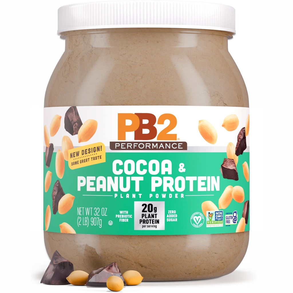 PB2 Performance Peanut Plant מבוסס חלבון אבקת חלבון טבעונית | 20 גרם חלבון מלא, לא הוסיף סוכר, Prebiotic סיבים | חלב חינם, מוסמך, טבעוני non-GMO, וגלוטן חינם [Peanut with Dutch Cocoa, 2lb]