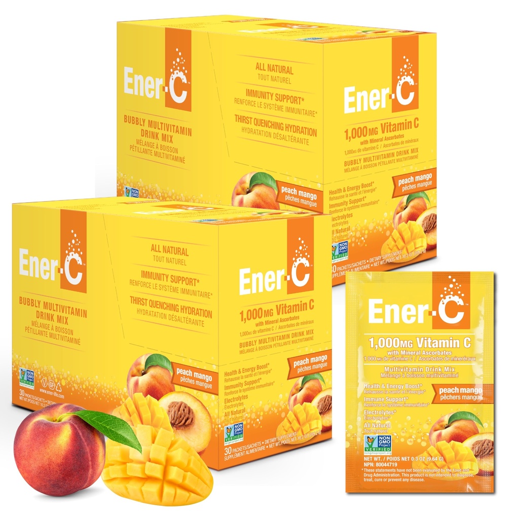 Ener-C Multivitamin Drink Mix - ויטמין Packets for Water, Electrolytes אבקת Packets, ויטמין Drink Mix, hydrotion נוזל Mix, Immune Booster למבוגרים, אנרגיה בריאה - Peach מנגו, הרוזן 60