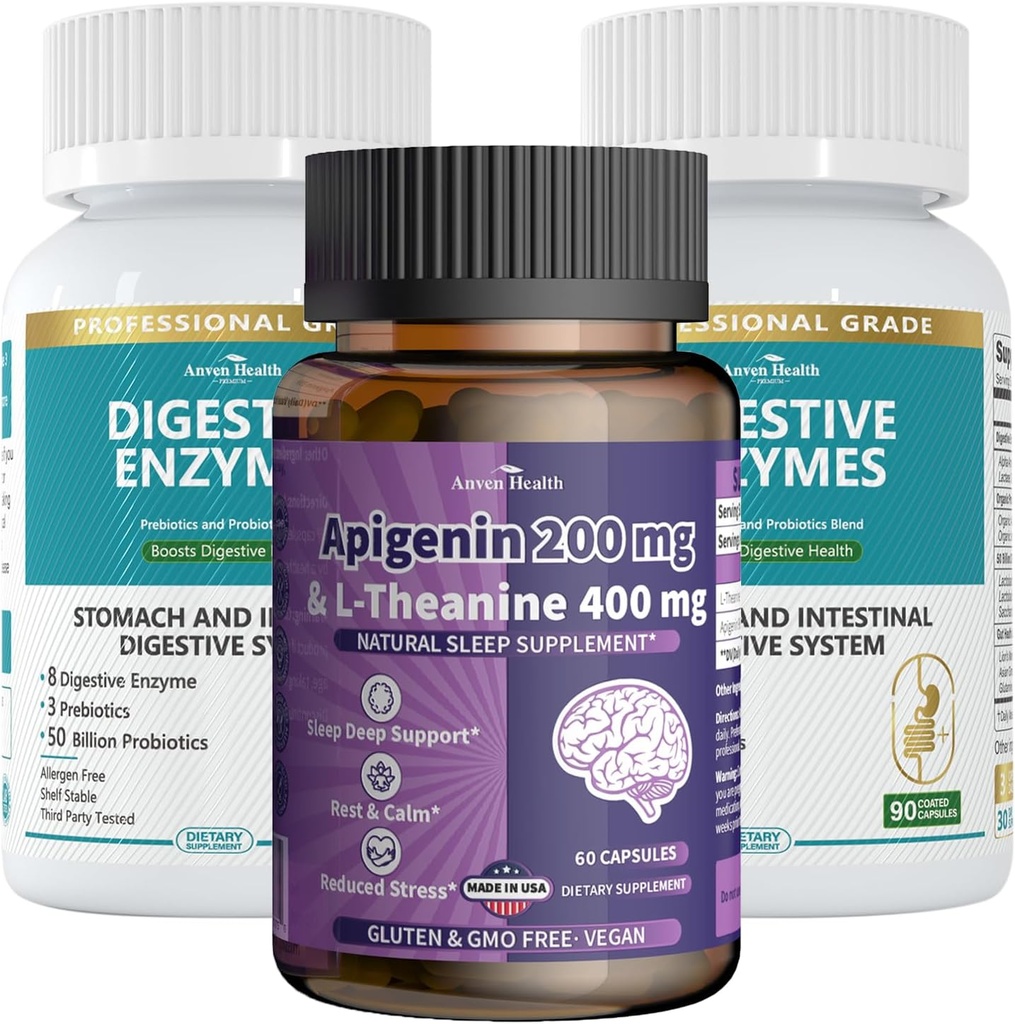 Apigenin עם L-theanine + Digestive Enzymes Wellness Bundle - הירגעות טבעית, הקלה בלחץ ותמיכה מזיקה