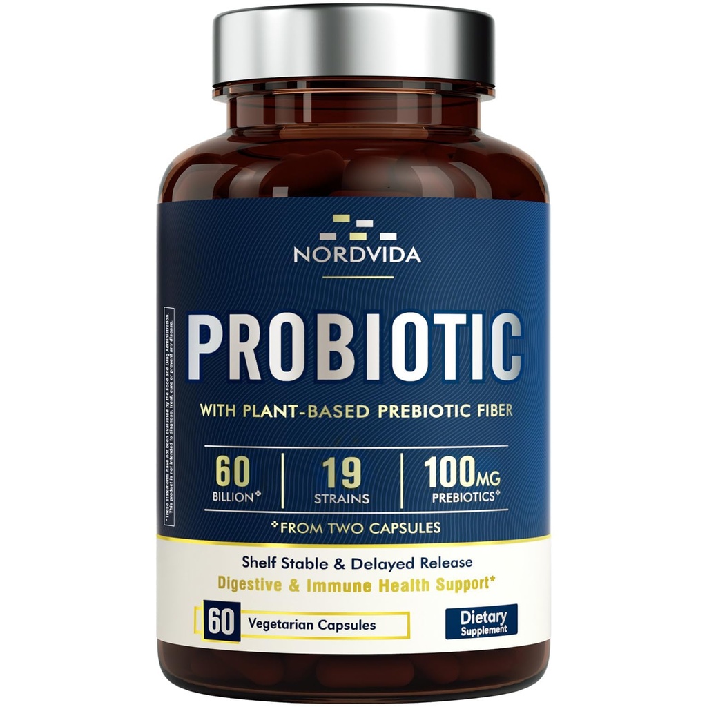 Probiotic 60 מיליארדים 19 סטרינס עם אורגני Prebiotic for Men & Women, Digestive & Immune Health, Shelf Stable נדחה, non-GMO No Milk, 60 טבעוני Caps