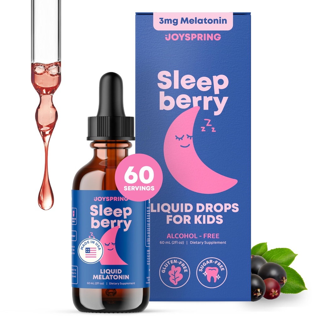 JoySpring Sleepberry Kids Melatonin 3 מ"ג - Sleep Aid with L Theanine, High Absorption ברי טיפות (2 fl oz) 60 משרתות, מלטונין של ילדים עם ויטמין D ילדים מסעות חיוניים