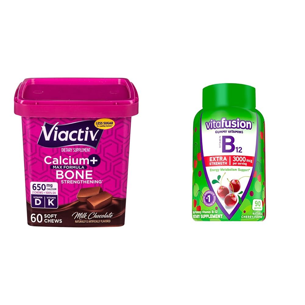 Viactiv Calcium +Vitamin D3 Supplement Soft Chews, Milk Chocolate, 60 Chews & Vitafusion Extra Strength Vitamin B12 Gummy Vitamins for Energy Metabolism Support