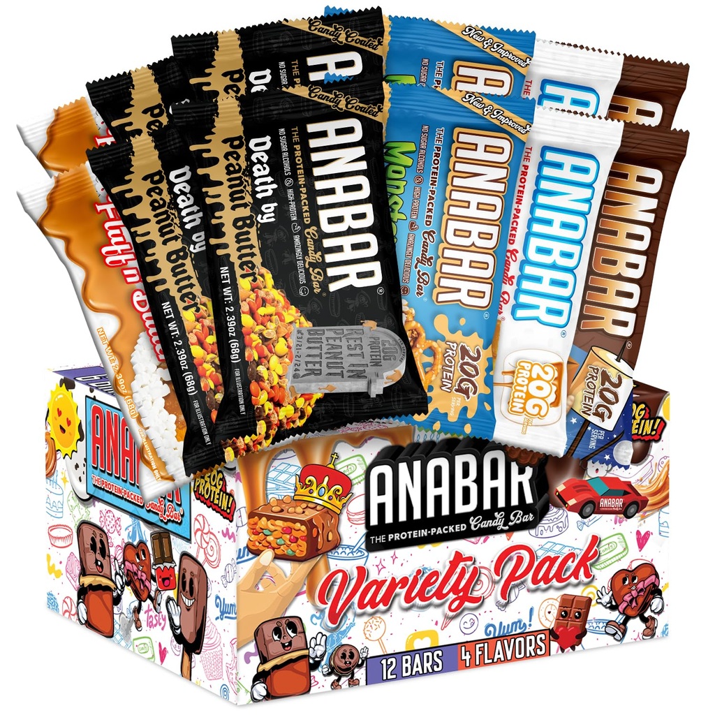 Anabar חלבונים Bar, Theחלבון-Packed Candy Bar, Best Tasting חלבונים Bar, No Sugar אלכוהולs, חלבונים גבוהים, טעים להפליא, 20 גרמות של חלבון (12 ברים, Variety Pack)