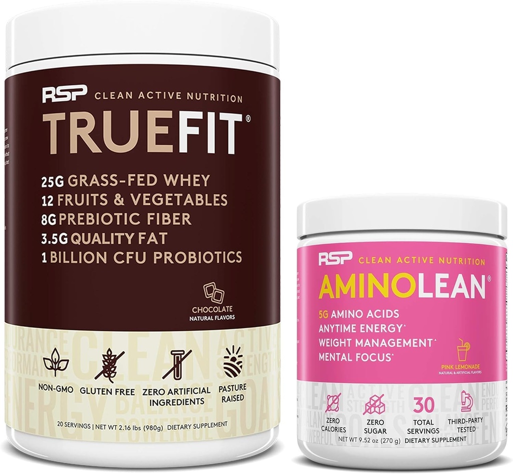 RSP NUTRITION AminoLean Pre Workout אנרגיה (Pink Lemonade 30 משרתים) עם אבקת חלבון TrueFit (Choate 2 LB)