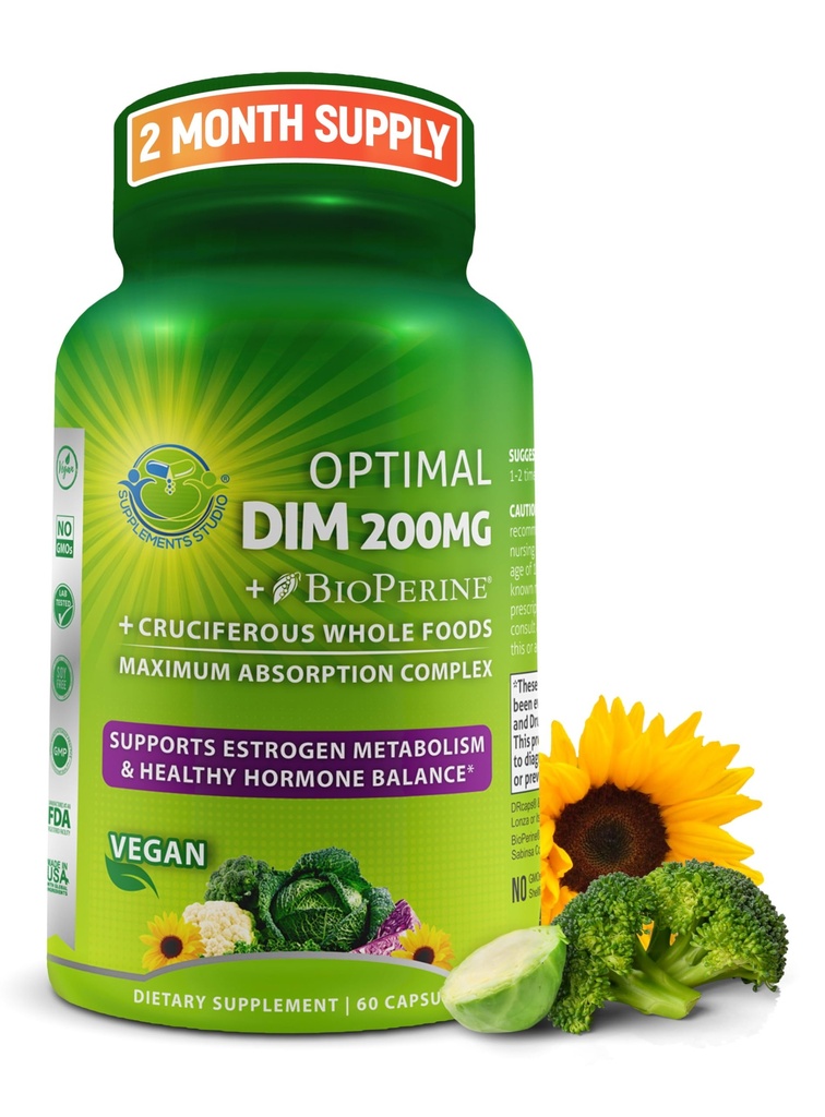 תוסף Optimal DIM 200 מ"ג עבור נשים וגברים - Made with Organic Whole Foods - Estrogen & Harmon Balance Support Diindolylmethane Complex - מקסימום Absorption Delayed-Releases - 60 Count