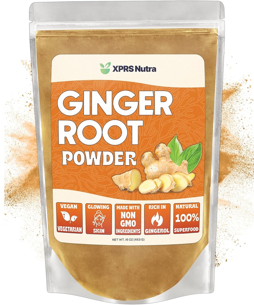 אבקת XPRS Nutra ג'ינג'ר - Premium Ground ג'ינג'ר Rootאבק עם פוטנט Spicy Flavor - אבקת ג'ינג'ר יבשה - Yellow Friendly Sustainably Grown אבקה ג'ינג'ר (16 Ounce)