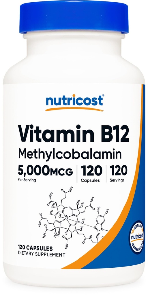 ויטמין B12 (Methylcobalamin) 5000mcg, 120 קפסולות - Caps Vegetarian Caps, non-GMO, Gluten Free B12 תוסף