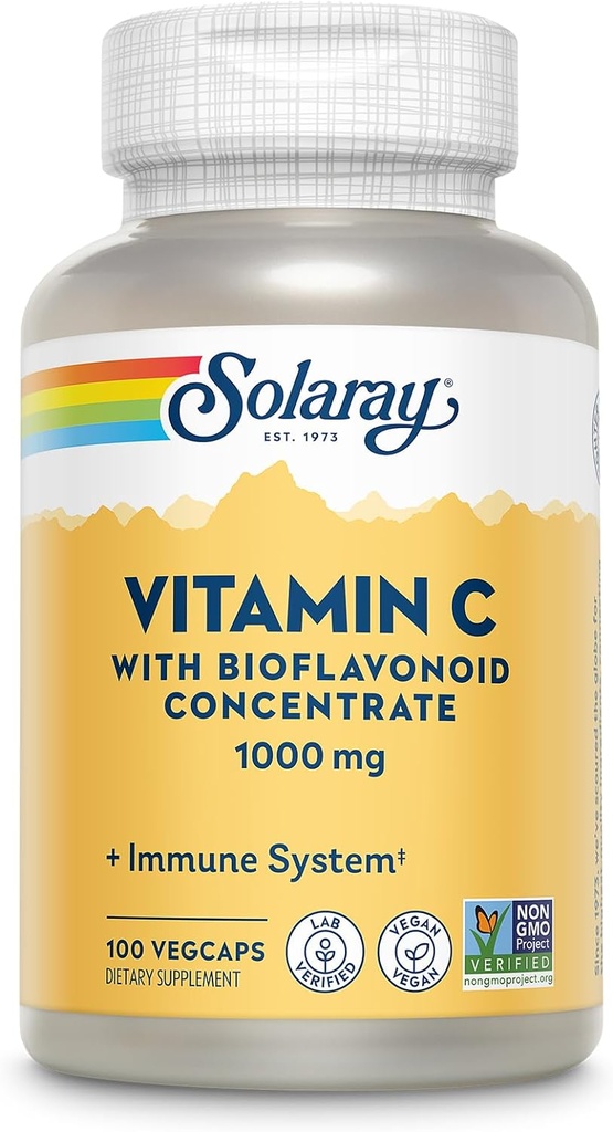 SOLAרי ויטמין C 1000 מ"ג עם bioflavonoids Concentrate - ויטמין C קפסולות עם Rose HIPS ו Acerola Cherry - Antioxidant, Heart Health ו- Immune Support Supplement, Non-GMO, 100 משרתים