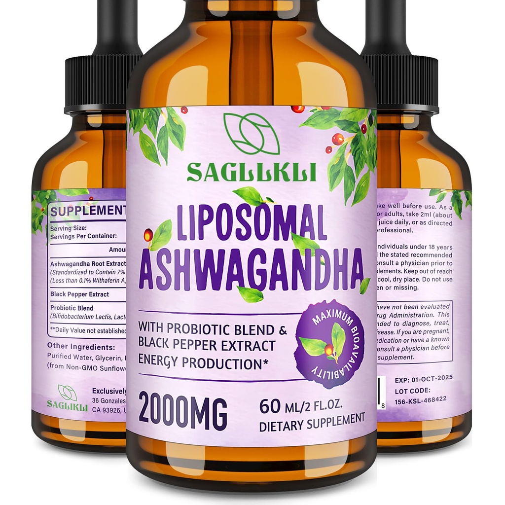 Liposomal Ashwagandha נוזל טיפות 2000 מ"ג, Ashwagandha שורש תוספת (7% עם אנאנולידים) עם Black Pepper & Probiotics for Focus, Cognition & Energy - 2 FL.OZ (1בק)