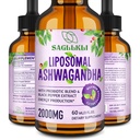 Liposomal Ashwagandha נוזל טיפות 2000 מ"ג, Ashwagandha שורש תוספת (7% עם אנאנולידים) עם Black Pepper & Probiotics for Focus, Cognition & Energy - 2 FL.OZ (1בק)
