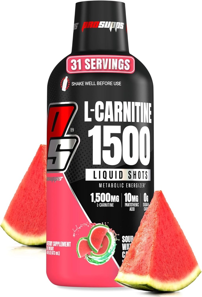 ProSUPPS L-Carnitine נוזלי 1500, Stimulant-Free Shots for Men & Women - ניקוי משקה טרום-עבודה לאנרגיה, ביצועים ושיקום שרירים - No Sugar, No Carbs - 31 משרתים, Watermelon Candy