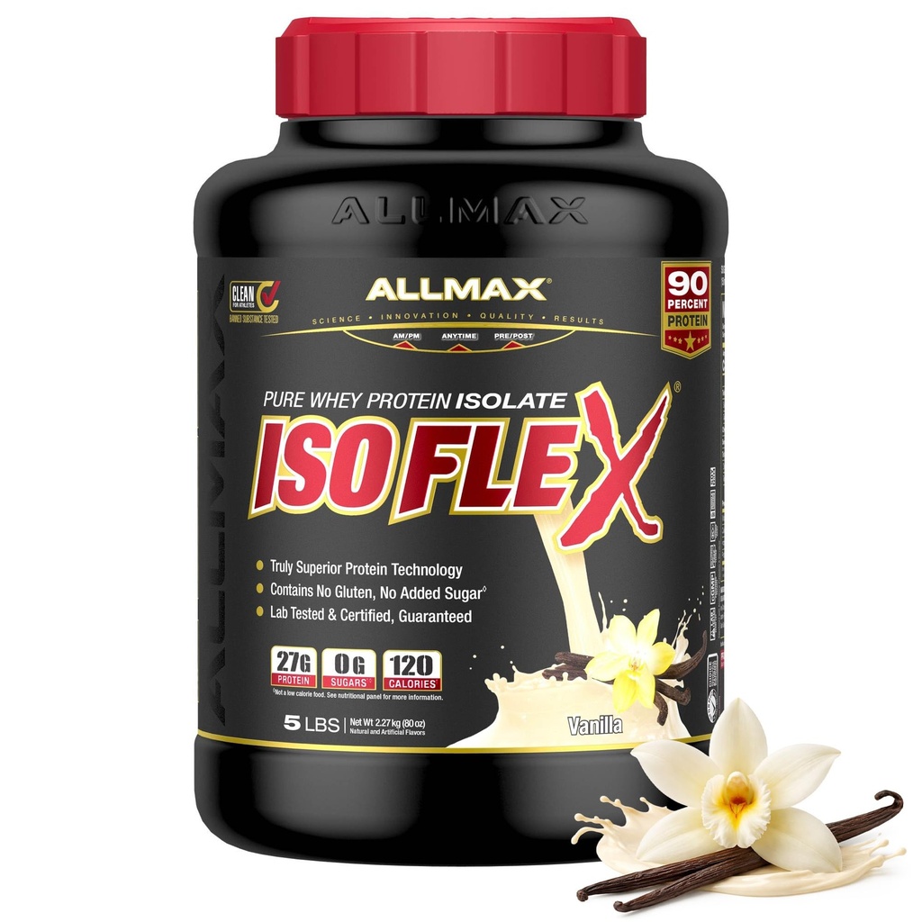AllMAX Nutrition - ISOFLEX אבקת חלבון Whey, חלבון Whey, Isolate, 27g חלבון, וניל, 5 פאונד