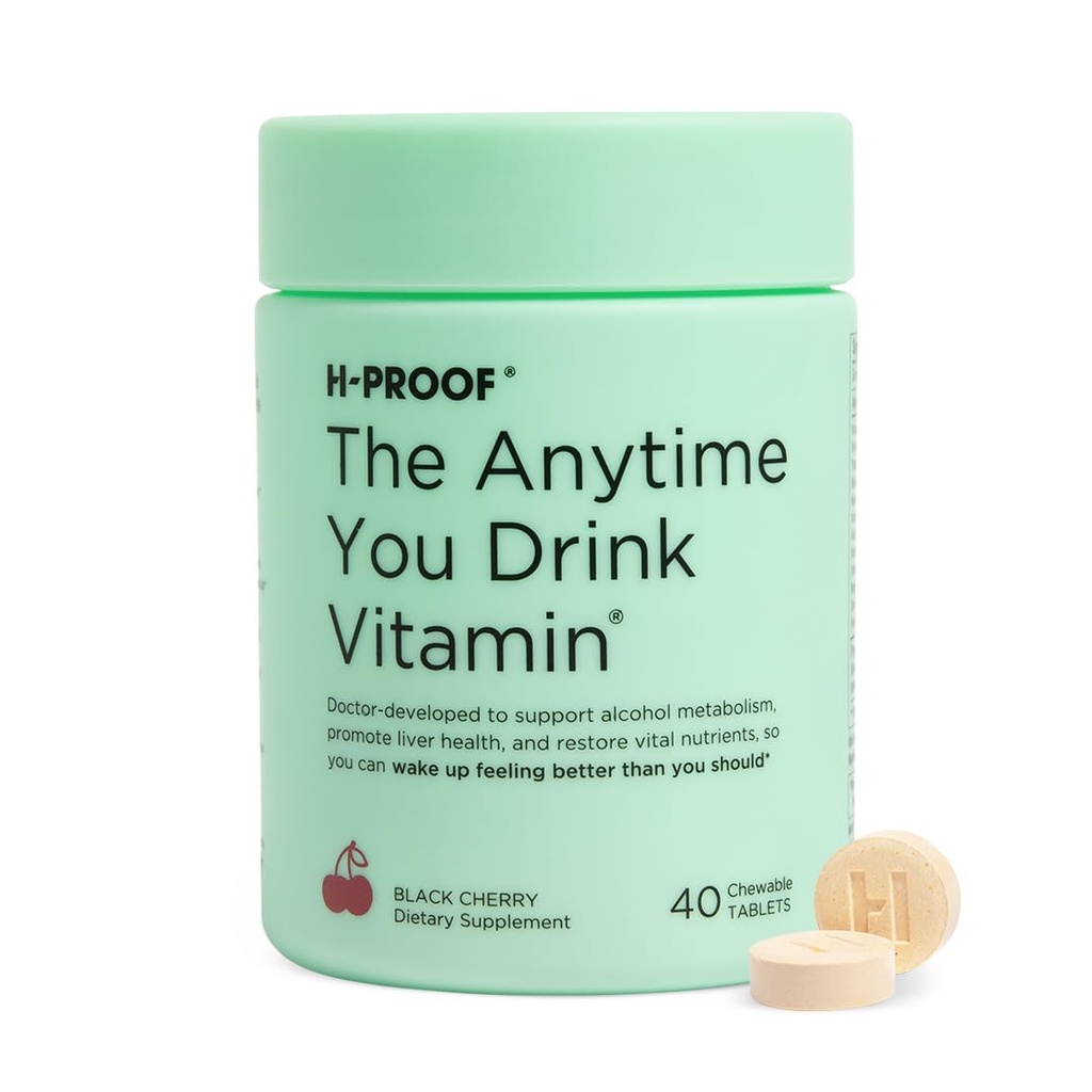 H-PROOF The Anytime You Drink ויטמין, Liver Health & Immunity Support with Electrolytes, Milk Thistle ו- ויטמין B & C - 40 טבליות Chewable (20 משרתים), טבעוני, דובדבן שחור