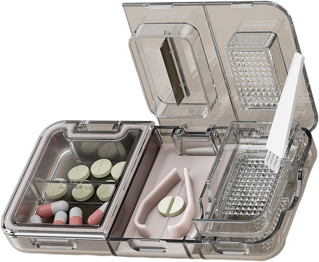 CFMOUR 3in-1 Pill Cutter פיצולter עבור גלולות קטנות או קטנות גדולות, Crusher Grinder עם אבקת Brush Grind Tablets, Pill Carrier for Storage Pills, Mills for Elderly, Kids & Peters, Black Black Black Black