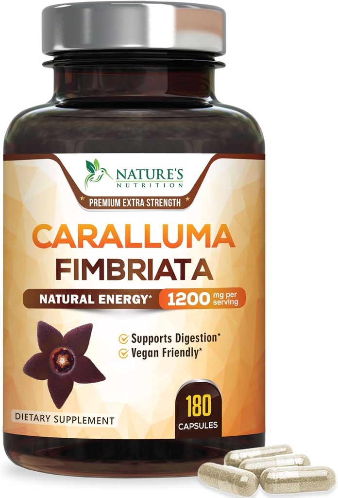 Pure Caralluma Fimbriata לחלץ 1,200 מ"ג גבוה - Natural Caralluma Fimbriata קפסולות Endurance תמיכה, תוסף טבעוני הטוב ביותר עבור גברים ונשים, Non-GMO - 180 קפסולות