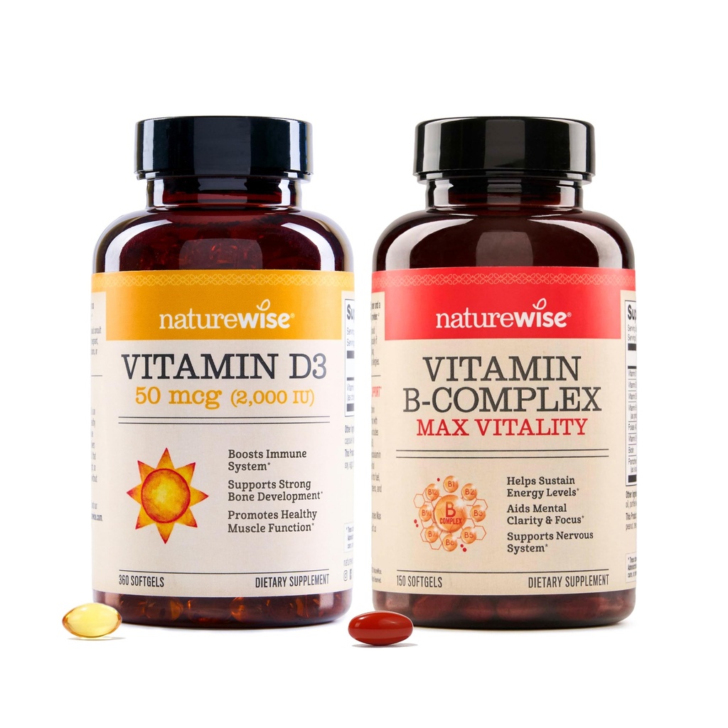 NatureWise ויטמין D3 2000io 360 Count ו-B Complex 150 Softgels - תפקוד שרירים בריא, תמיכה בשומן, אנרגיה סלולרית, בהירות נפשית