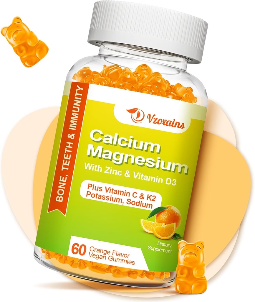 High Absorption Calcium Gummies, סוכר חינם Calcium Magnesium תוספת עם ויטמין D3 עבור גברים ונשים - טבעוני, כתום פלאמור 60 Cts