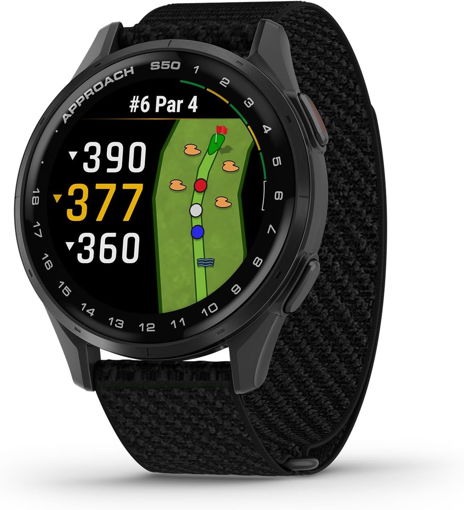 Garmin Access® S50, Advanced Golf GPS Smartwatch, AMOLED Display, On-Course Features, Wrist- Based Heart Rate, Slate אלומיניום Bezel עם Black ComfortFit ניילון Band