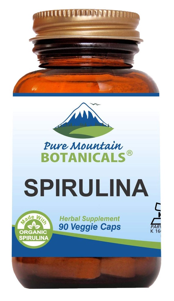 Pure Mountain Botanicals Spirulina Capsules - 90 Kosher Vegan Caps - Now with 450mg Organic Spirulina Powder - Nature's Superfood Supplement