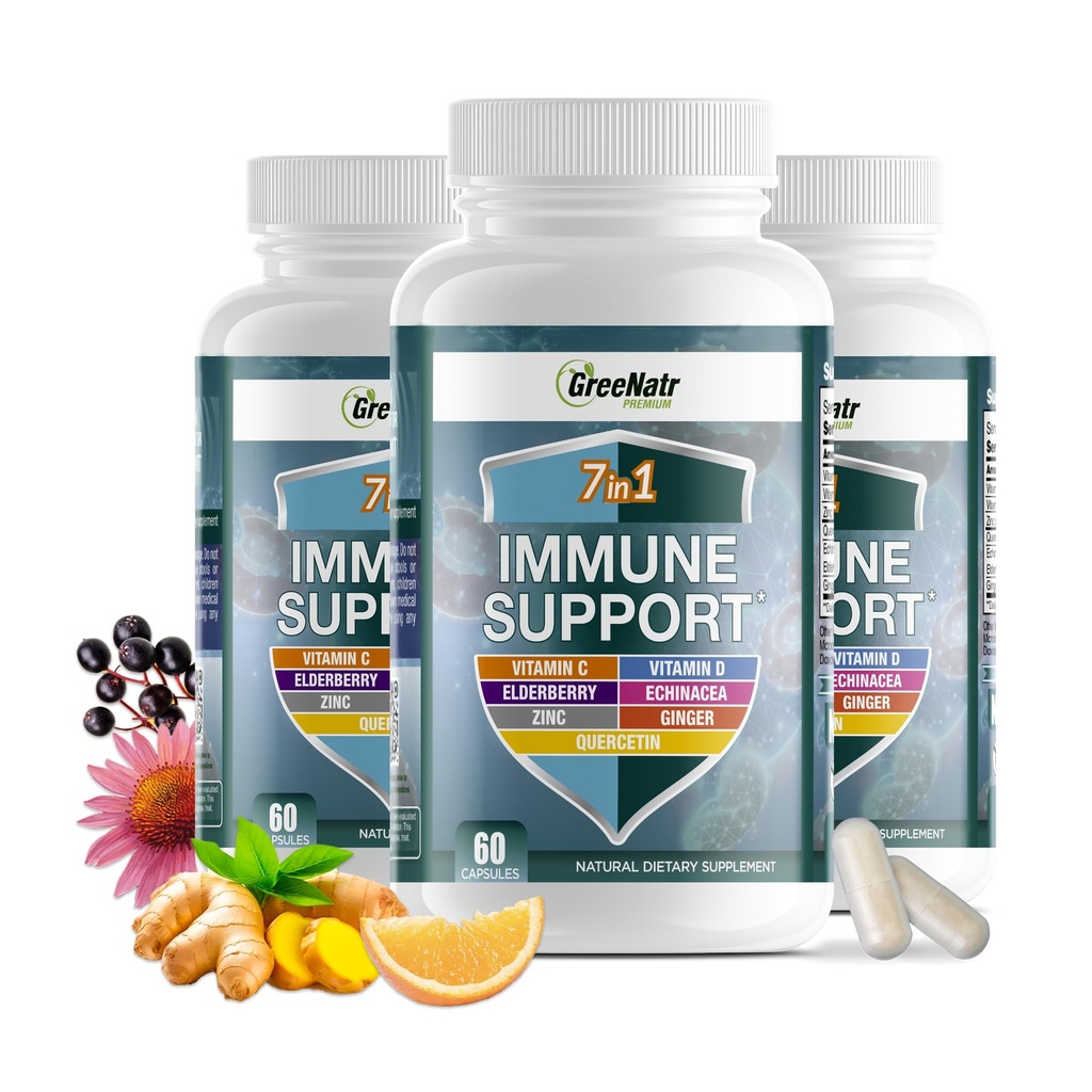 GreeNatr Immune תומך תוסף ויטמין C, D3, Zinc 50 מ"ג, Quercetin, Echinacea Purpurea, Sambucus Elderberry וג'ינג'ר עבור הגנה מלאה Immune - 60 קפסולות (3 בקבוקים)