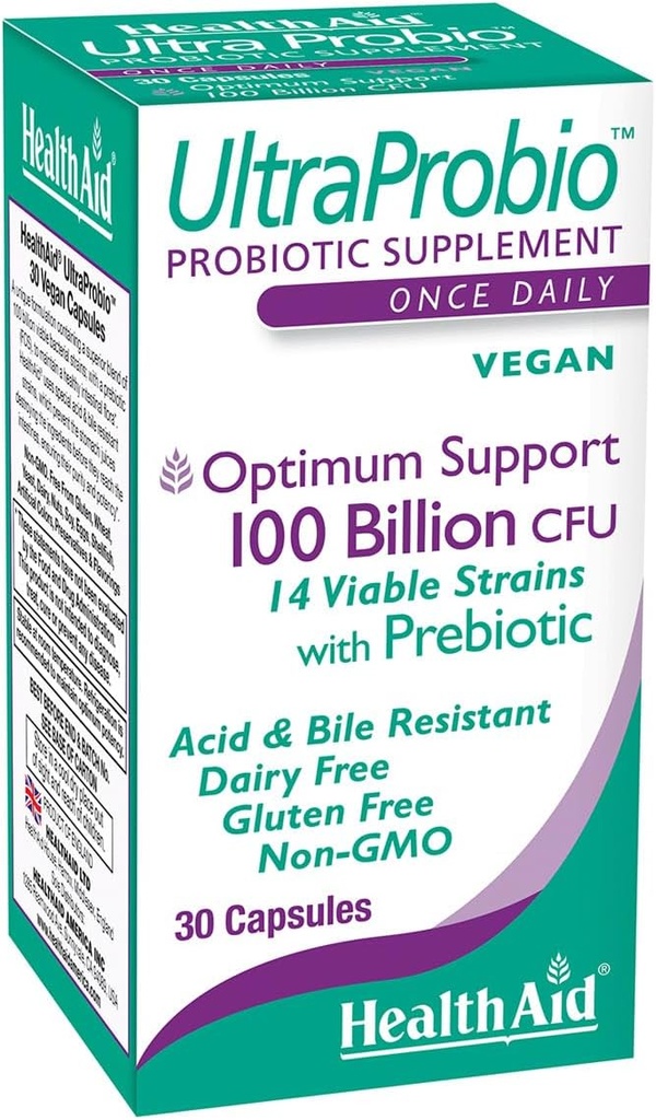 HealthAid UltraProbio, 100 מיליארד 30ct לאחר קפסולות יומיות, תמיכה אופטימוס, 100 מיליארד עם Prebiotic, Acid & Bile Resistant, non-GMO