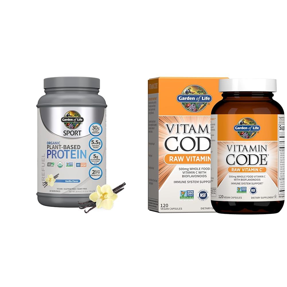 Garden of Life Organic Sportאבק, Vanilla, 30g - Probiotics, BCAAs for Post Workout Recovery 19 משרתs + Raw ויטמין C, 120 ואג'רות