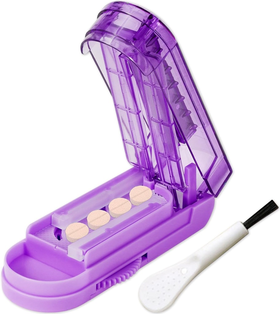 JohnBee Pill Cutter Splitter for Small and Tiny Pills גלולת גלולות מכוונן חותכת באופן מדויק גלולות מרובות בבת אחת. Sharp Blade עם משמר בטיחות. Non-Slip Silicone Edge (Dark Purple)