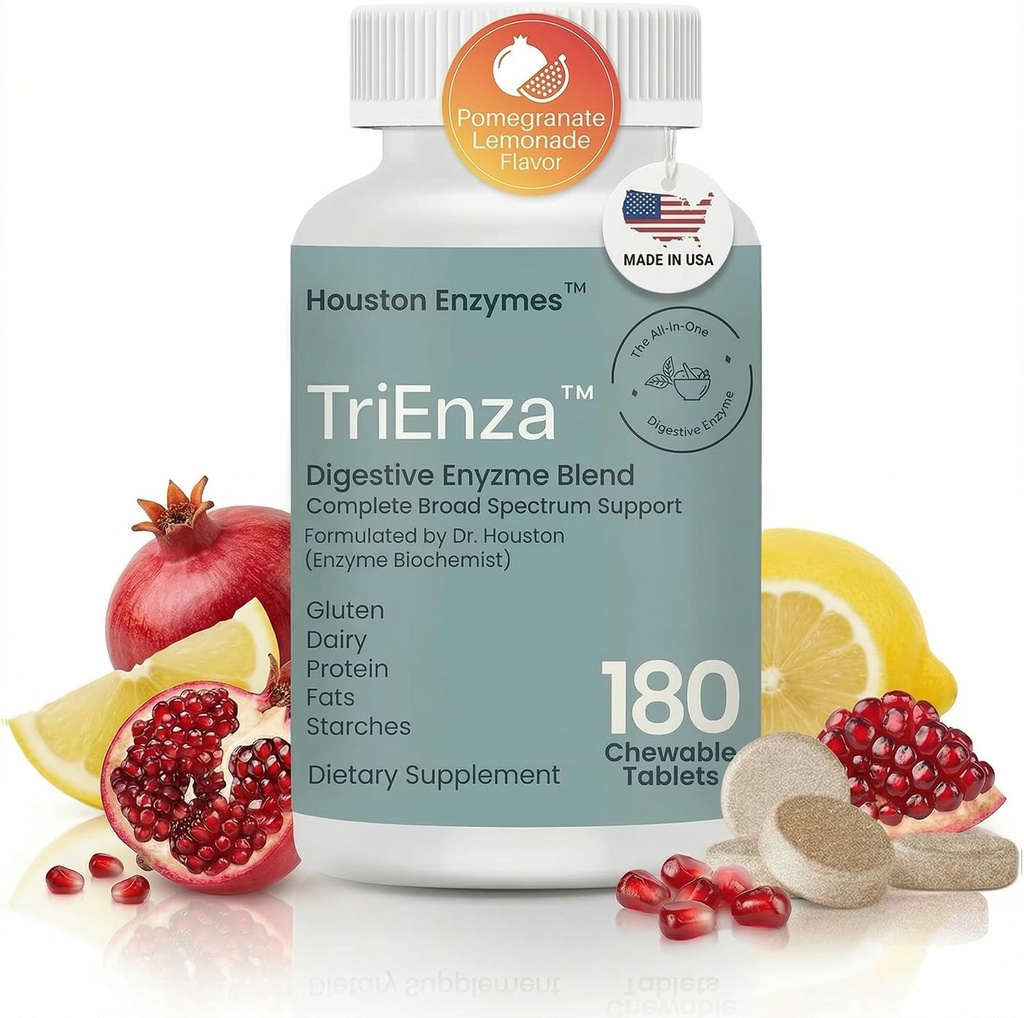 Houston Enzymes TriEnza - Digestive Enzyme Supplement for Gluten, Casein, Soy, Proteins, Carbohydrates, Fats & Polyphenols - Digestive Enzymes for Women & Men (180 Chewable Tablets)