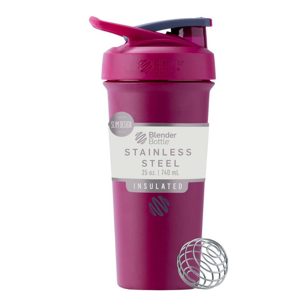 BellerBottle Sport Sleek Insulated Stainless Steel Shaker בקבוק עם Wire Whisk, 25-Ounce, Raspberry - חלבונים Shakes & Hydration for Athletes & Fitness Enthusiasts, Easy Mixing, Slim Easy to Hold, Keeps Drinks Cold, Lockable Lided