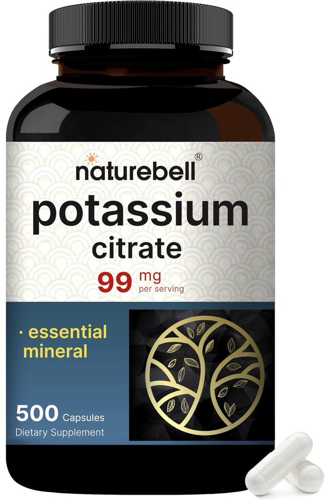 תוסף Potassium Citrate 99 מ"ג, 500 קפסולות | Easi Absorbed Chelated Form - Essentialמינרל Electrolyte Balance - תומך שריר, עצמות, בריאות הלב - non-GMO