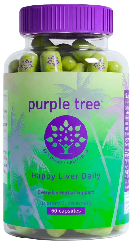 עץ סגול Happy Liver Daily | Liver Support & Cleanse with Milk Thistle 80% Silymarin, Dandelion Root, Artichoke, Vine Tea DHM, ויטמינים ועוד - 60 Liver Detoxie Pills