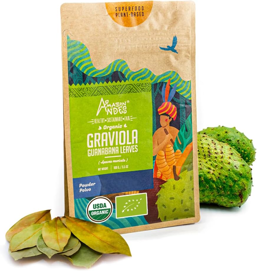 Andes Graviola Leaves אבקת Anonna muricata - עשיר ויטמין C & סיבים - Immune System Stimulant - USDA NOP תוספת - Soursop - Gluten Free, טבעוני, ו- non GMO - 100gm / 3.5oz (20 משרת)