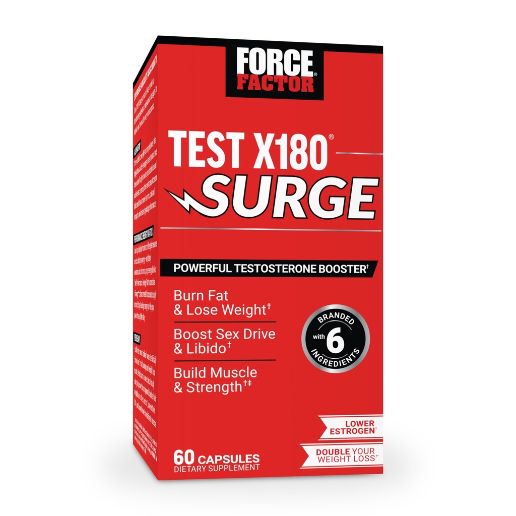 Power Factor Test X180 Surge טסטוסטרון תמיכה עבור גברים, תוספי Vitality Enhancing, לקדם שריר וכוח, תמיכה במשקל, Boost Long-Lasting אנרגיה, 60 קפסולות