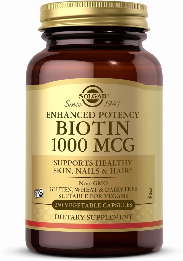 Solgar Biotin 1000 mcg - 250 קפסולות ירקות - תומך עור בריא, ציפורניים שיער - non-GMO, טבעוני, Gluten Free, חלב חינם, כשר - 250 משרתים