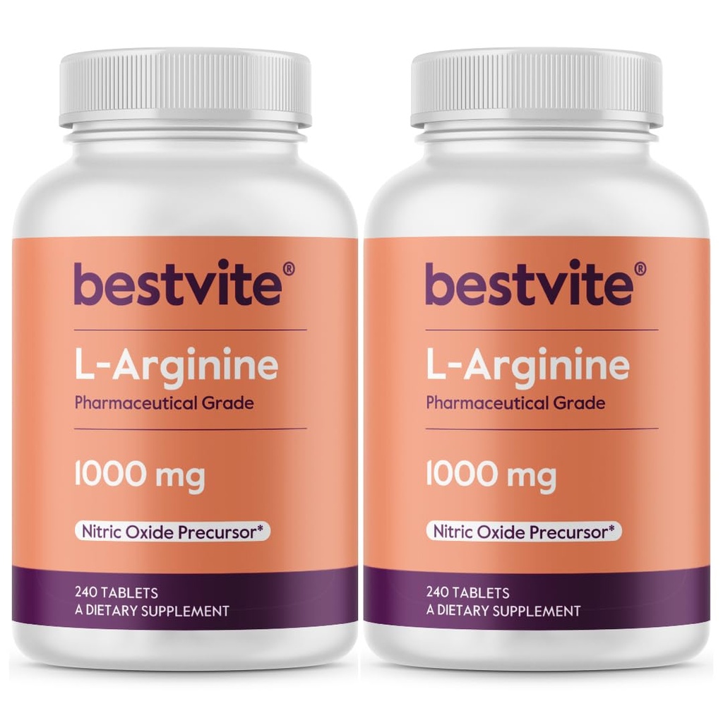 BestVITE L-Arginine 1000 מ"ג לכל Tablet (480 טבליות) (240 x 2) - תואר פרמצבטי - מכיל 20% יותר Arginine בהשוואה Arginine HCl - Nitric Oxide Precursor*
