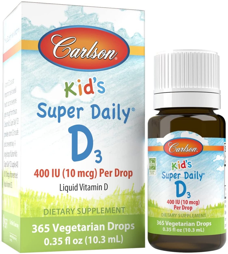 קרלסון - Super Daily D3 של הילד, ויטמין D טיפות לילדים, 400 IU לטיפה, אספקה של שנה אחת, בריאות הלב והשומן, צמחוני, ויטמין D טיפות, Unflavored, 365 טיפות