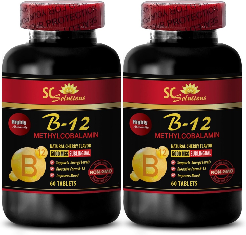 B12 ויטמינים 5000 mcg - METHYLCOBALAMIN ויטמין B-12 5000 - תזונה ספורט אנדורנס, אנרגיה Booster, תוספי אנרגיה עבור גברים מעל 50, ויטמין B 12, תוספי תמיכה העור - 2 בקבוקים 120 Tabl 120