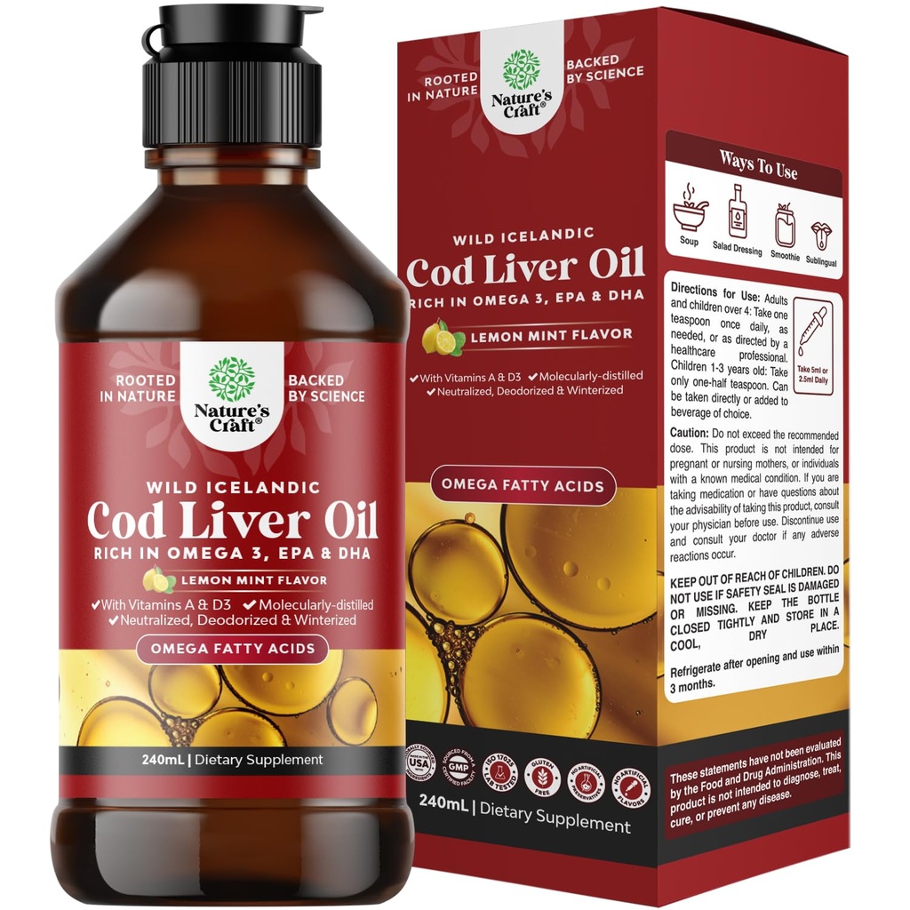 האיסלנדית שנתפסה ב-Cod Liver Oil נוזלי - שמן דגים טיפות עם אומגה 3, EPA, DHA, ויטמין D & A - נוזל Cod Liver תוספת עבור הלב, משותף, המוח ותמיכה החיסון - 240 מ"ל (8 אוונס)