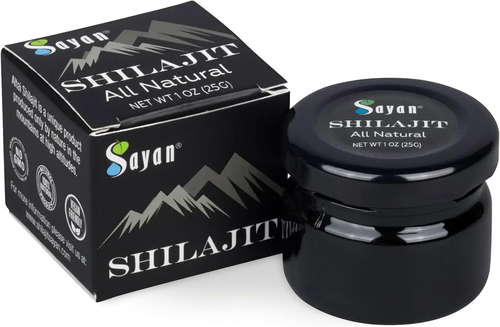 Sayan Pure Shilajit Resin 1oz / 25g, ג'ארד זכוכית, 250 משרתות - תוספי חומצה פולית אורגני פליט - תמיכה מערכת החיסון, זיכרון, מיקוד, ומספק אנרגיה טבעית, Detox - טבעוני, non-GMOMO