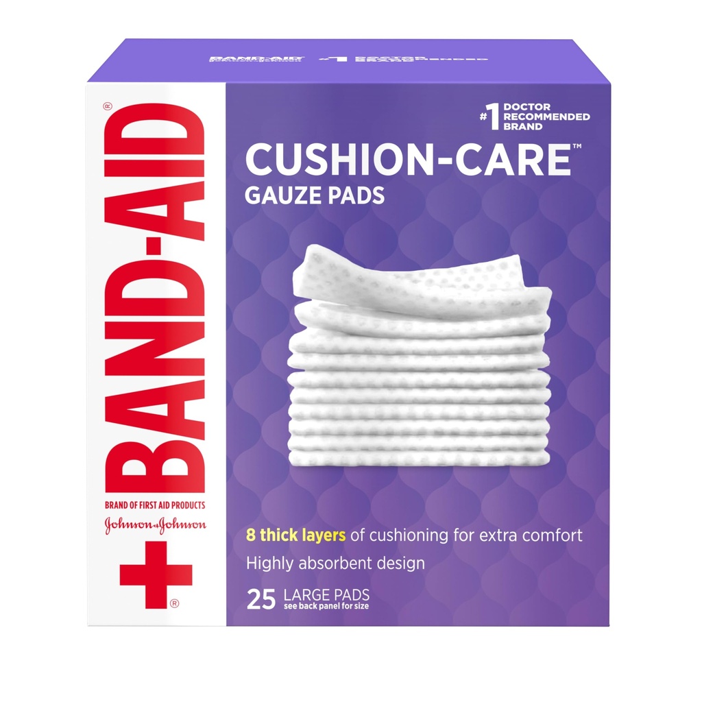 Band-Aid Brand Absorbent Cushion Care Sterile Square Gauze Pads for First Aid Protection of Minor Cuts, Scrapes & Burns, Non-Adhesive, Wound Care Dressing Pads, גדול, 4 ב- x 4 ב, 25 ct