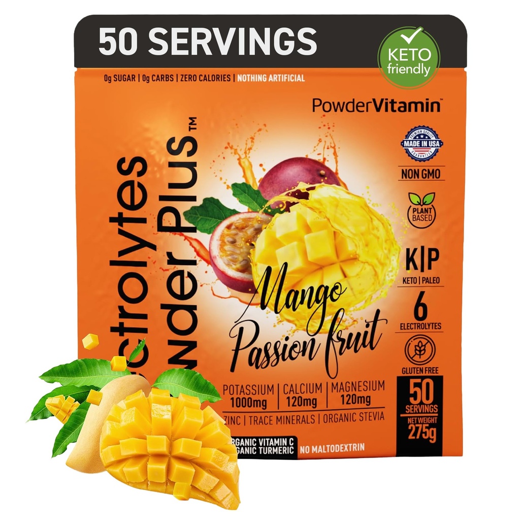 אבקהVitamin אלקטרוליט אבקת פלוס (50 משרתות) מנגו Passionפרי אלקטרוליטה אבקת Zero Calorie Keto, 0 סוכר, No Maltodextrin, 1000mg פוטיאום, 120 מ"ג Calcium, 120 מ"ג מגנזיום, אבקת הידרציה, 0 סוכר, No Maltodextrin, 1000mg פוטיאום, 120 מ"ג Calcium, 120 מ"ג מגנזיום.