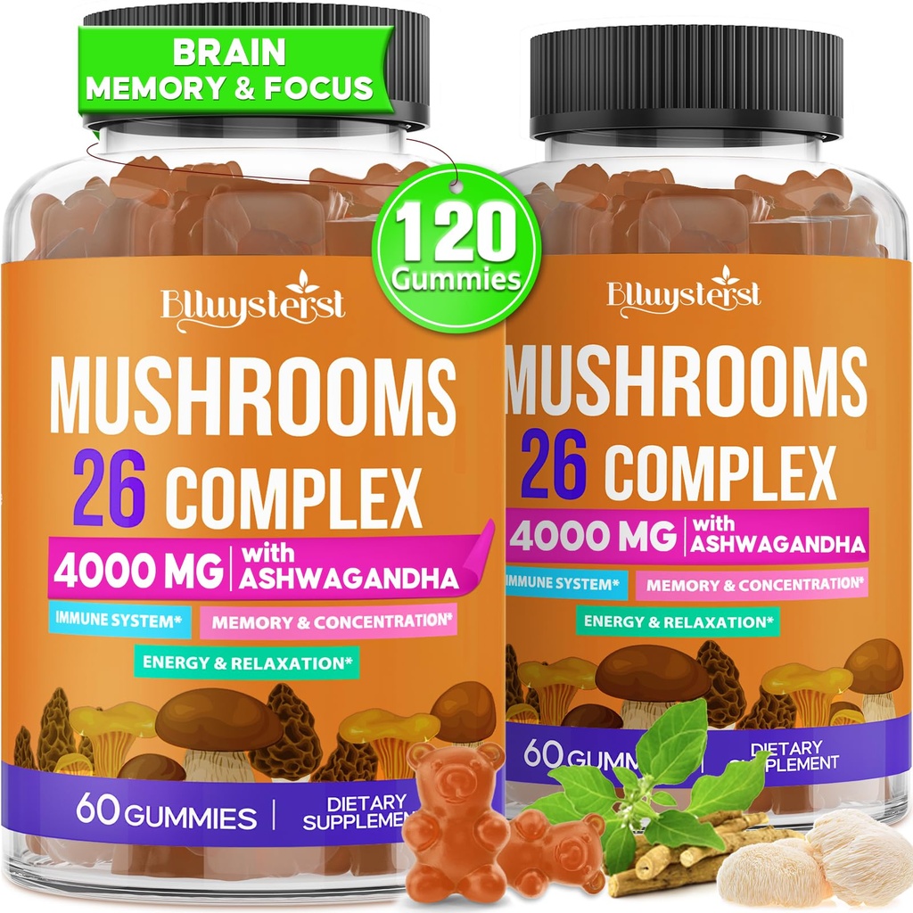 מסטיקמי Mushroom עבור מבוגרים 4000 מ"ג, תוספי המוח עבור זיכרון ו Focus, 26 ב 1 Mushroom תוסף מורכב עם Ashwagandha & Lion's Mane, טורקיה Tail, Reishi, Cordyceps, אורגני, 120 הרוזן